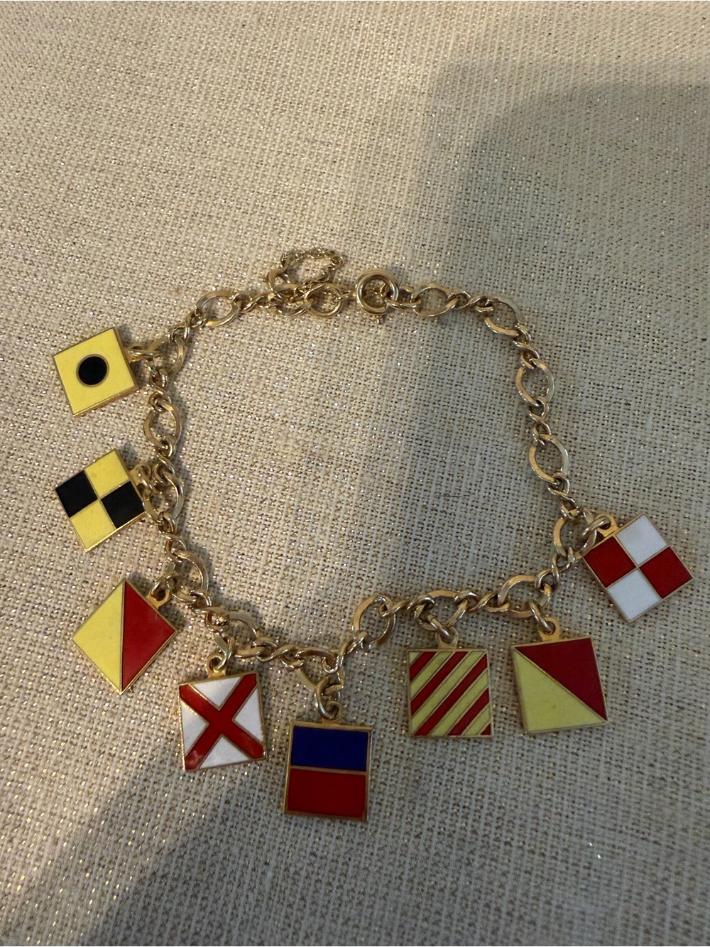 Vintage Nautical Signal Flag Charm Bracelet - Yellow & Red Enamel